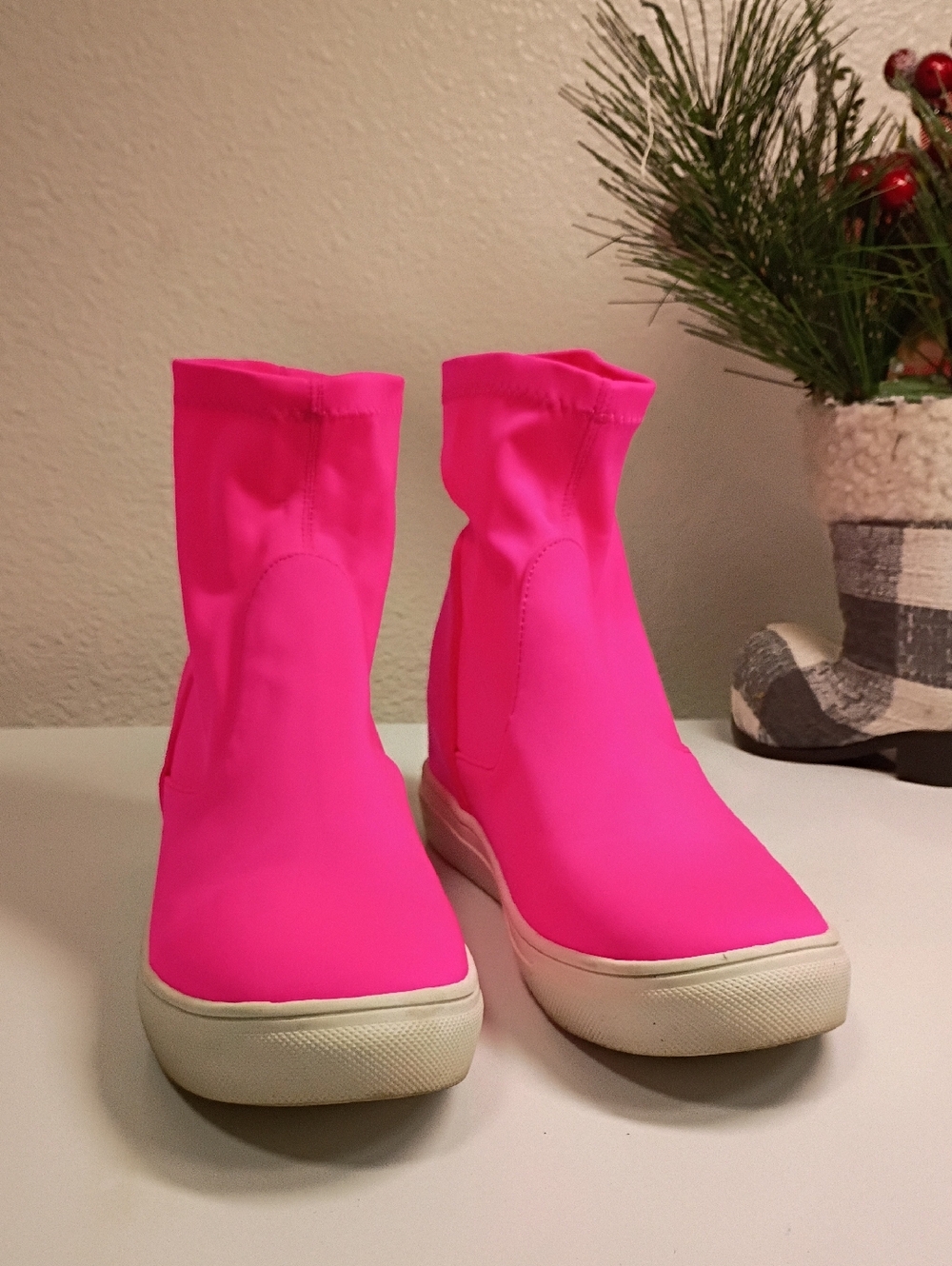 Women's Neon Pink Stretch Sock Ankle Boots
